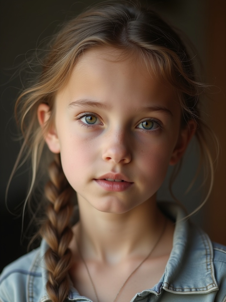 Portrait of a girl with braided hair. She has striking green eyes. Appears 12 years old. Features soft expressions. Captured in natural light.