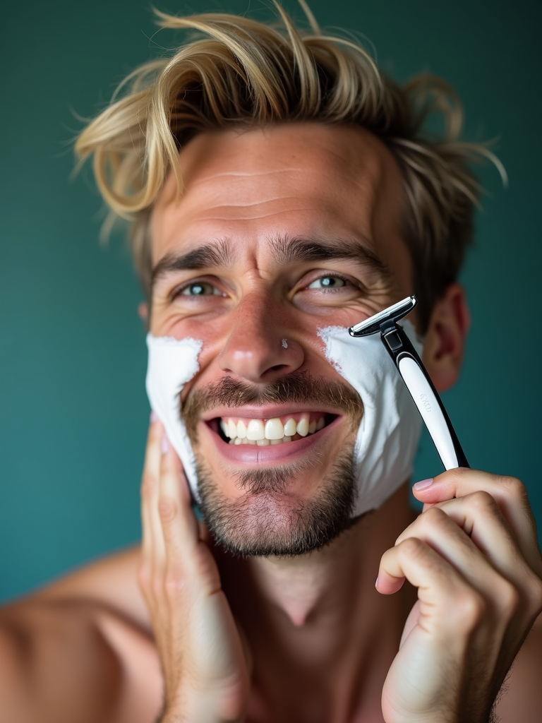 A man with shaving cream on his face smiling as he holds a razor.