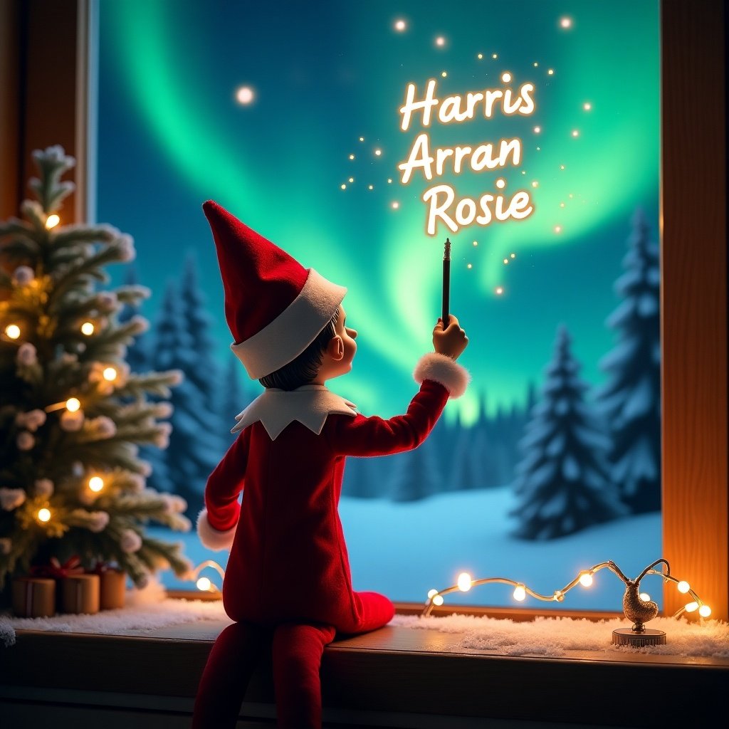 An enchanting Christmas scene featuring an elf on the shelf, who is facing the sky with his back to the viewer. The elf, dressed in red and white, wields a magic wand, writing 'Harris', 'Arran', and 'Rosie' in a glowing script above him. The backdrop is adorned with vibrant northern lights, adding a magical ambiance. The scene is festive, portraying the spirit of Christmas with a whimsical twist. The elf's position and action create a sense of wonder and excitement that captures the joy of the holiday season.