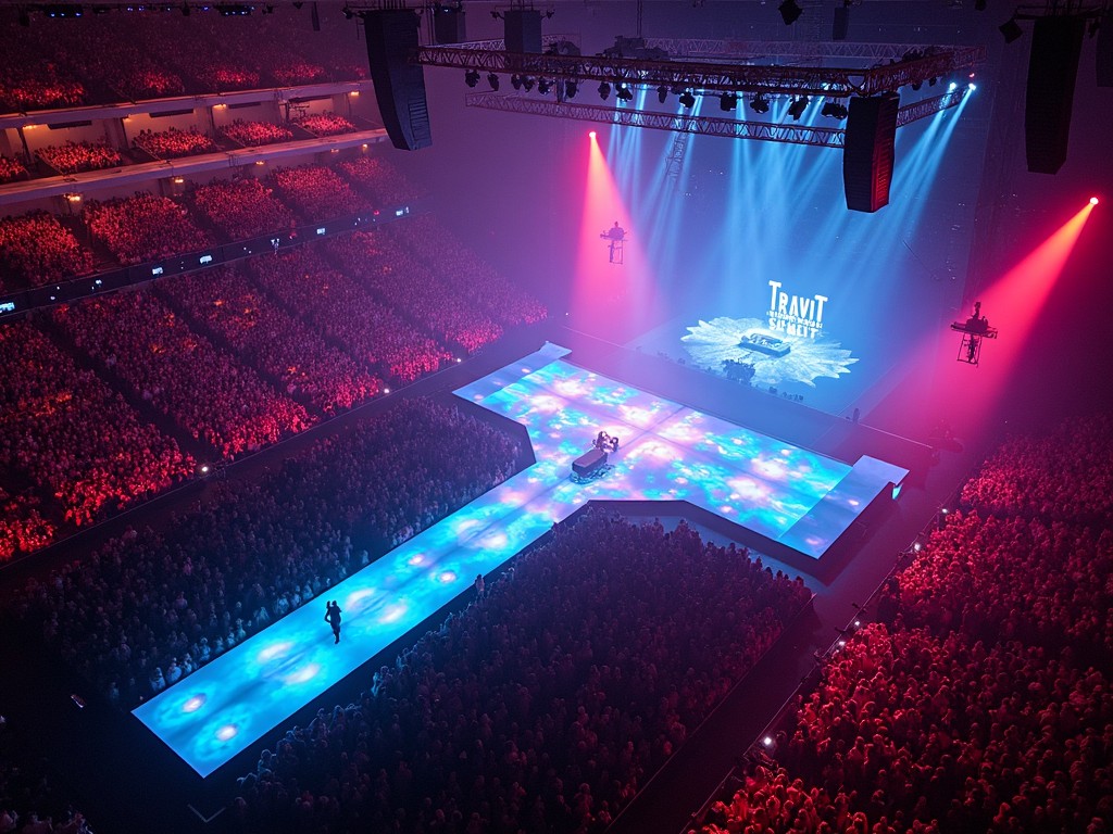 This image captures a stunning view of a Travis Scott concert at Madison Square Garden. The stage is designed with a central runway, known as a 'T stage', which extends into the audience. Bright, colorful lights illuminate the scene, creating an energetic atmosphere. This aerial perspective showcases the large audience enjoying the performance. The iconic Travis Scott logo is prominently featured on the backdrop of the stage, adding to the visual appeal of the concert setting.