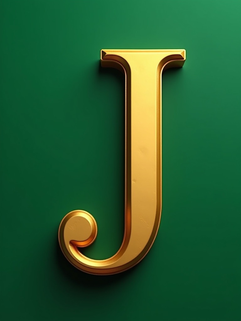 Close up of a golden letter J on a green background. Diagonal spell vfx for junior. Header in style of classicalism. Isometric top down left view. No watermark signature. Maximilian Jacobs personal room background.