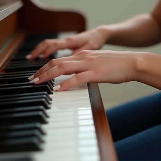 Close-up view of a young woman's hands playing the piano. Emphasis on fingers pressing down on black and white keys. Soft natural light enhances the detail of the hands and the piano. Aesthetic appeal for music lovers and students.