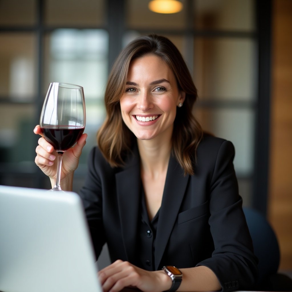 A confident woman in a business setting with a glass of wine and a laptop. She represents a balance between work and leisure.