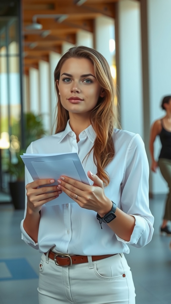 A young professional woman stands confidently in a modern office environment. She is holding a stack of papers and appears focused, embodying a blend of poise and self-assurance. The office is well-lit and features contemporary architecture with large windows, allowing natural light to illuminate the space.