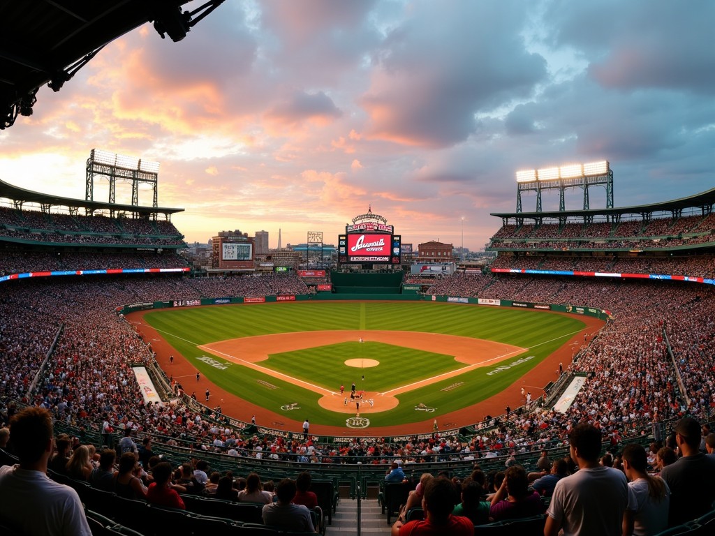 A packed baseball stadium at sunset, with a clear view of the field, filled with spectators watching a game, under a colorful sky with a cityscape in the background.