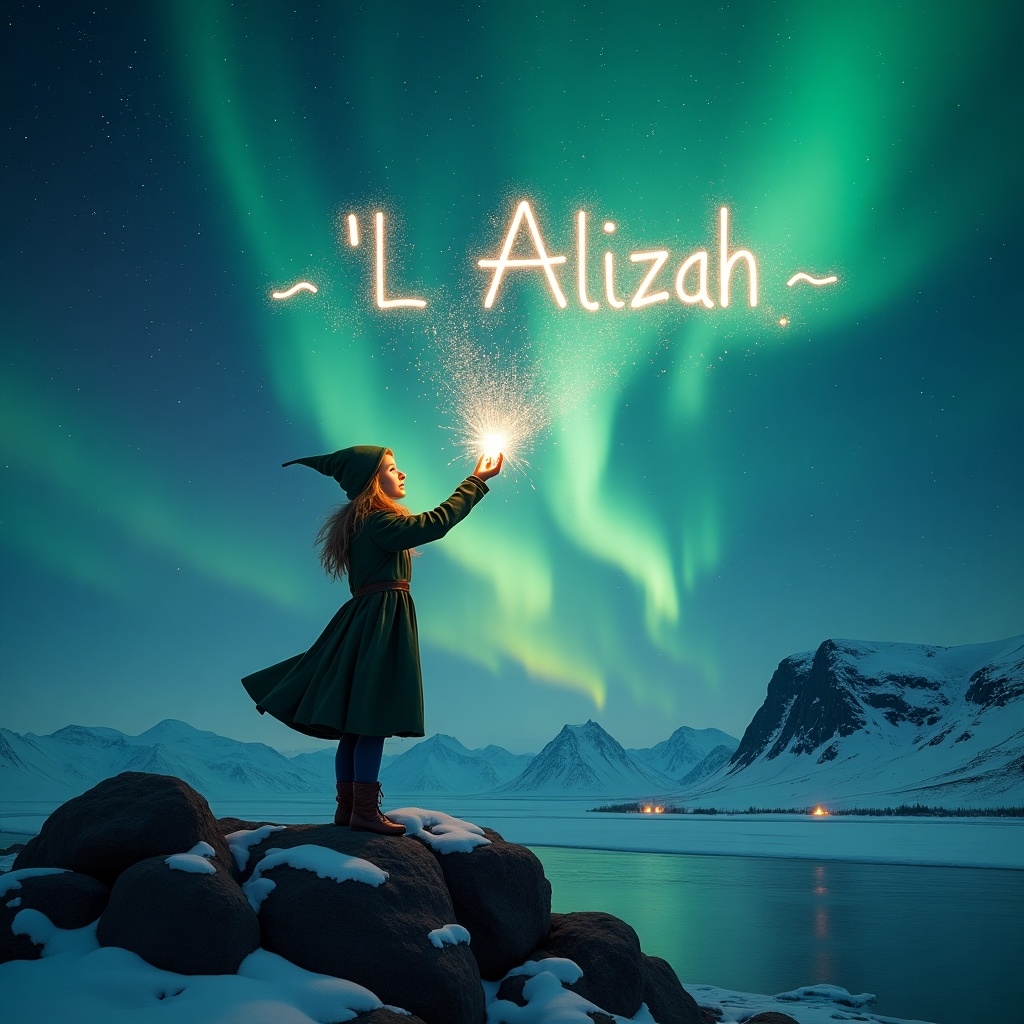 In a magical landscape, a girl dressed as an elf stands on a rock at night, gazing at the sky. She casts sparkles of magic into the air, creating an enchanting scene. The northern lights arc majestically overhead, bathing the surroundings in ethereal glow. Snow covers the ground, contrasting with the dark rocks around her. Her expression is one of wonder and adventure as she seemingly writes the name 'L Alizah' in the sky with her magic sparkles.