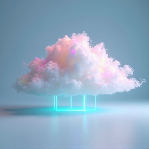 Cloud appears in 3D form with a holographic effect. Soft pastel colors emanate from the cloud with a subtle glow below it. The background is simple and gentle. The cloud seems to float elegantly above the surface.