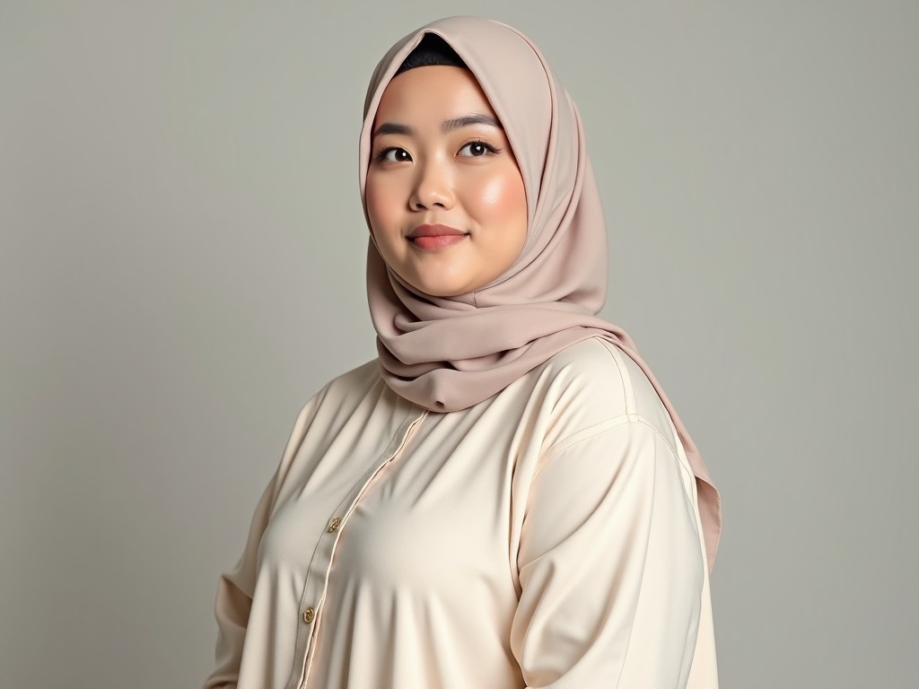 A plus size Indonesian young woman with a round face is posing in a studio. She is wearing a cream hijab and a cream abaya. Her makeup includes neutral lipstick that complements her complexion. The backdrop is a soft neutral color, making her features stand out. The image is captured at eye level, focusing on her expression and attire effectively. The overall aesthetic is calm and stylish, aimed at promoting modest fashion.