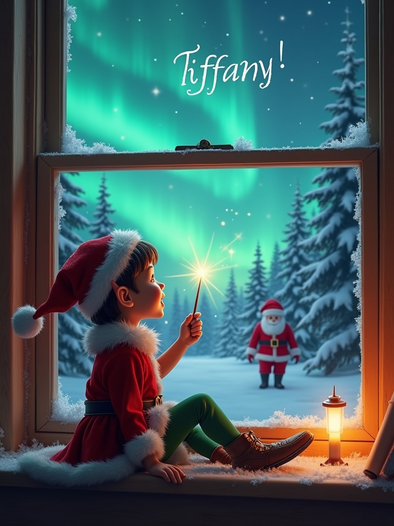 A young elf character sits by a window during Christmas. The elf wears a festive outfit and uses a wand to write 'Tiffany' in the sky. Outside the window, northern lights illuminate the night. Santa Claus stands in the snowy background. Trees are covered in snow showcasing a winter wonderland scene. The ambiance is glowing and magical capturing festive cheer.