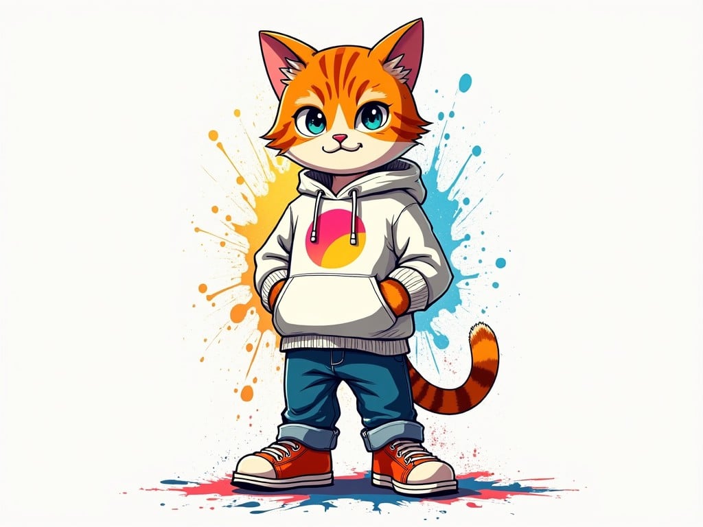 A cartoon orange cat wearing a modern hoodie, jeans, and sneakers, standing confidently in front of colorful paint splatters.