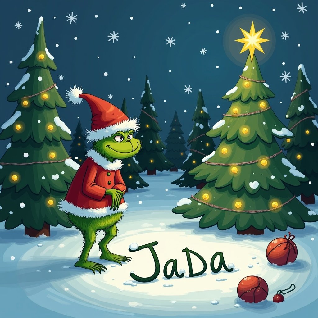 Grinch outside in snow. Surrounded by Christmas trees with lights. Grinch writing name Jada in the snow.