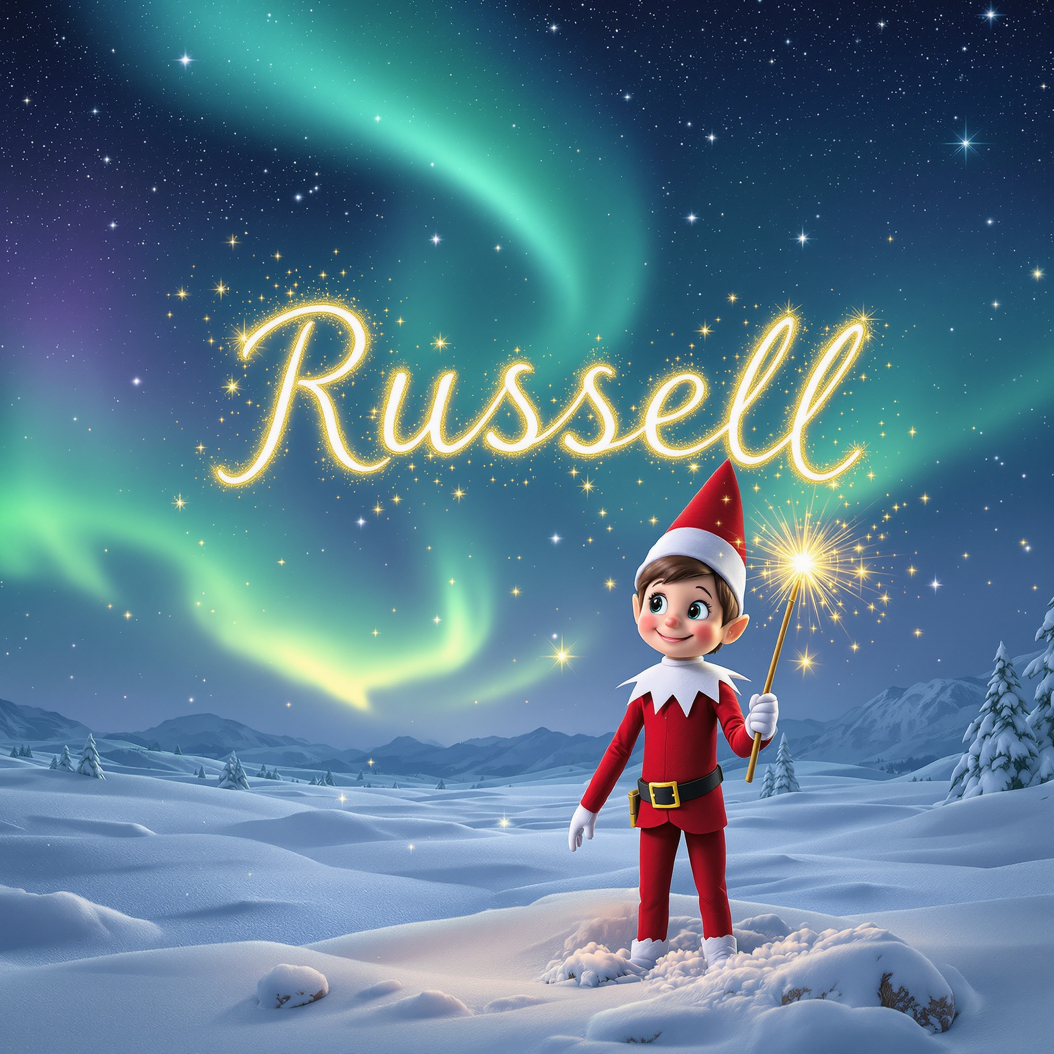 Snowy landscape under a starry night sky. Vibrant northern lights in green, purple, and blue. Foreground features a happy Elf on the Shelf in red and white outfit. He holds a magic wand creating golden letters. Soft snowflakes fall around him.