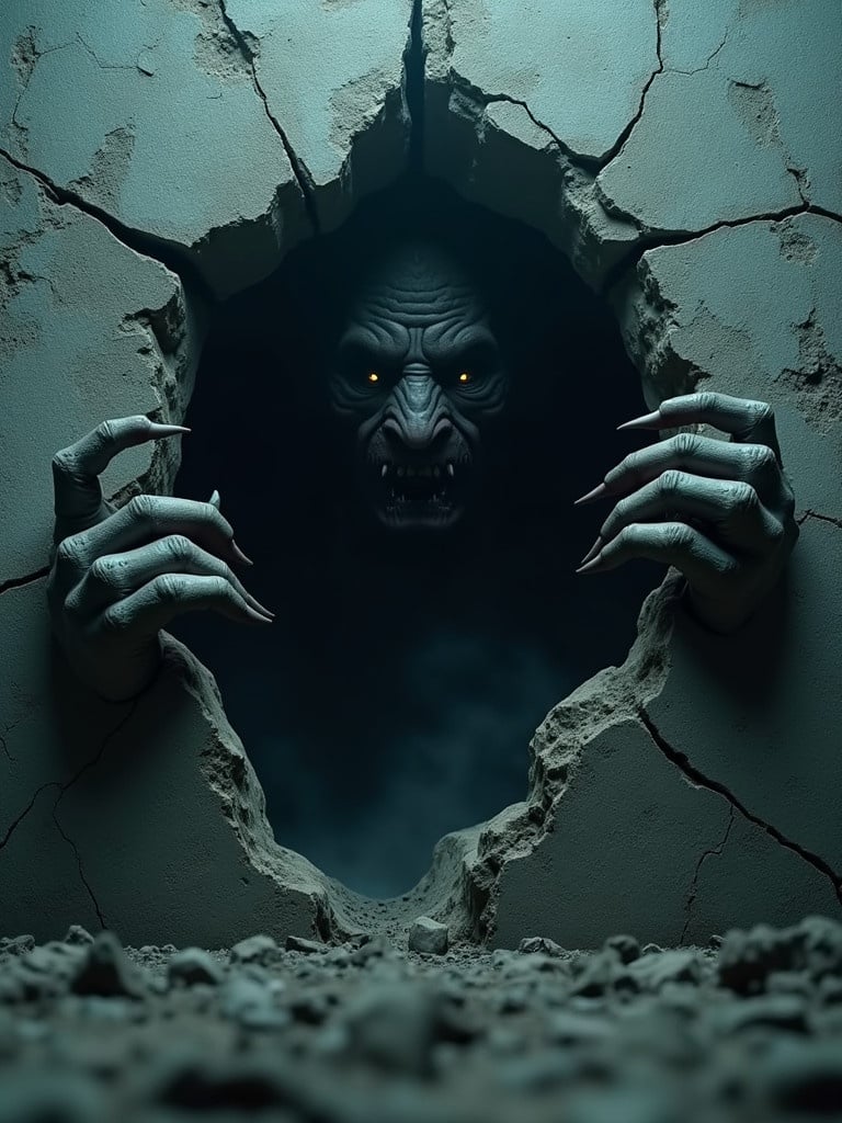 A cinematic and suspenseful image of a large stone wall with cracks and a hole in the center. Two monstrous clawed hands grip both edges of the hole. The creature pulls itself out creating tension. The setting is low-angle and 45 degrees adding drama. The lighting is eerie with shadows and mist creating a mysterious atmosphere. Realistic high-quality art.