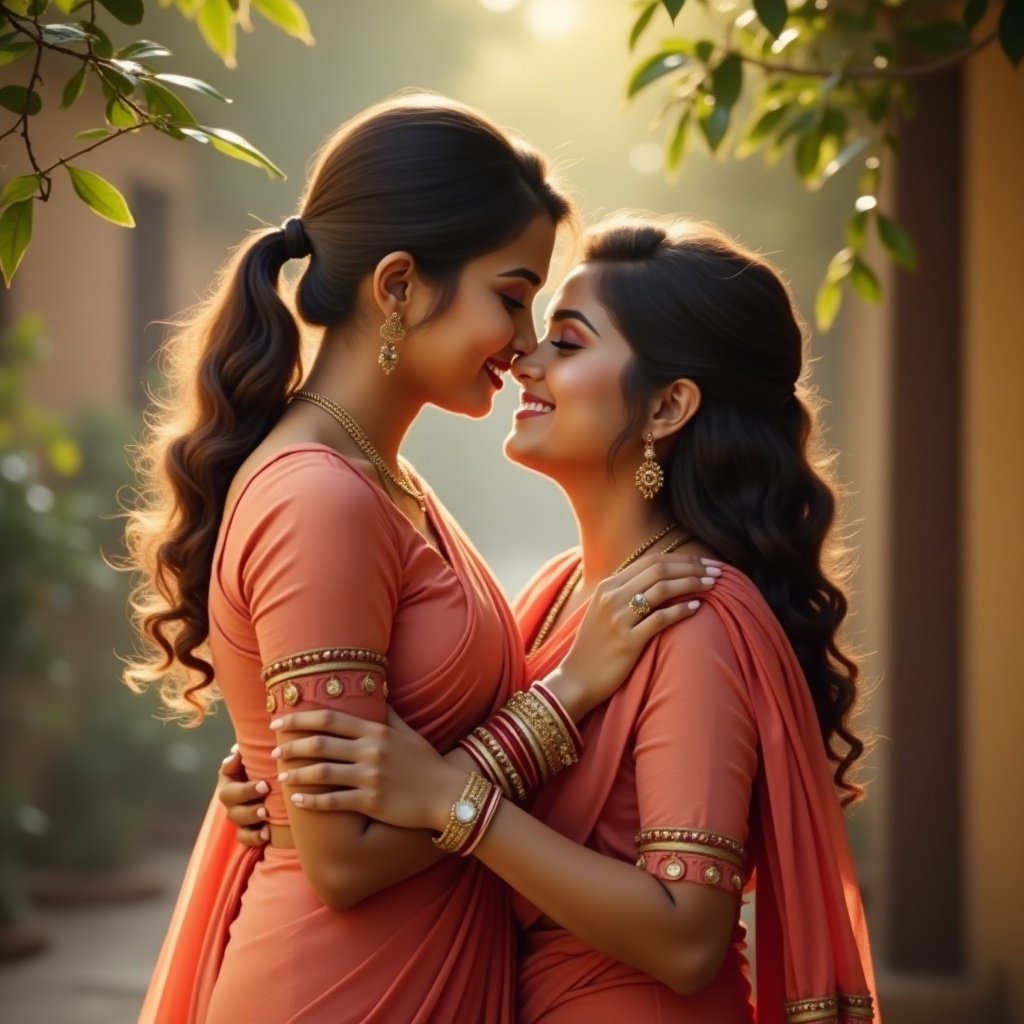 The image depicts two women wearing traditional Indian saris. They are embracing each other in a warm and loving manner. Soft lighting enhances the tenderness of the scene. The background features natural elements that add to the serene atmosphere.