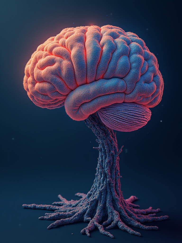 Digital art depicting a brain resembling a tree. Brain is large and textured with roots extending down. Background is dark with a soft glow.