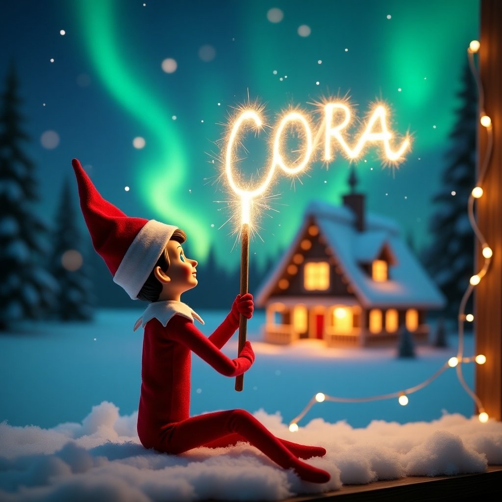 Elf on the shelf gazing at northern lights while holding a glowing wand. Name 'CORA' appears in light. Charming Christmas scene with a cozy house. Snow covers the ground. Playful and magical atmosphere.