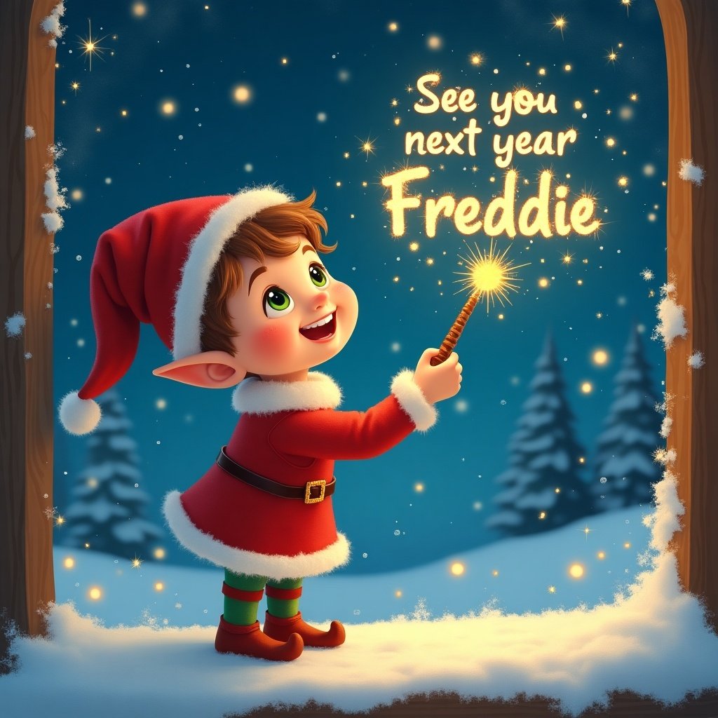 Image features cheerful North Pole scene with elf character. Elf wears classic red outfit. Snowy window present in the image. Elf gazes at night sky filled with stars. Elf holds magic wand creating sparkling words in the air. Overall atmosphere is whimsical and magical representing holiday season. Expressions are joyful and playful.