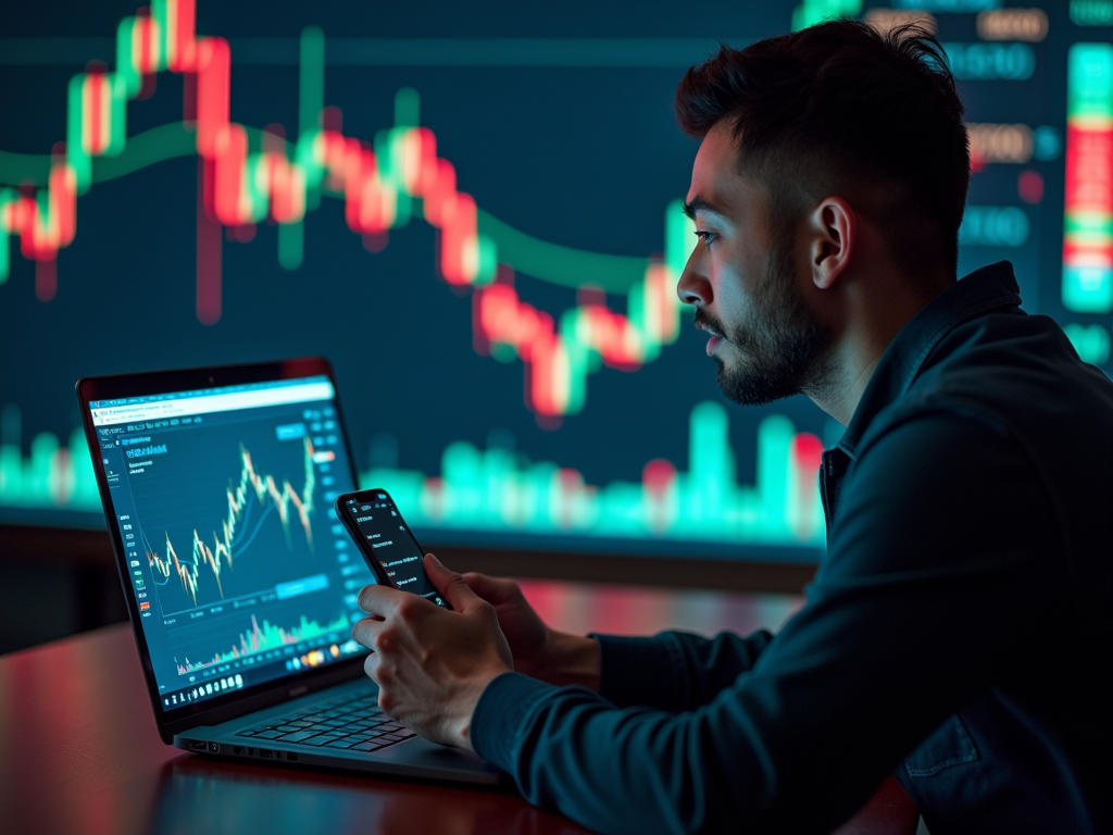 A man intensely analyzes financial charts on a laptop and smartphone, with a large digital trading screen in the background.