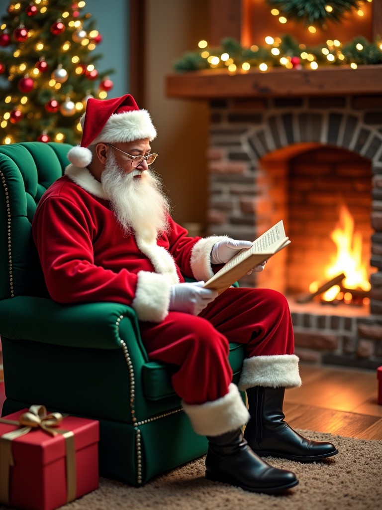 A Santa Claus in a green chair reads a list. Christmas tree is nearby. Fireplace is glowing. Presents are around. Scene conveys joy.