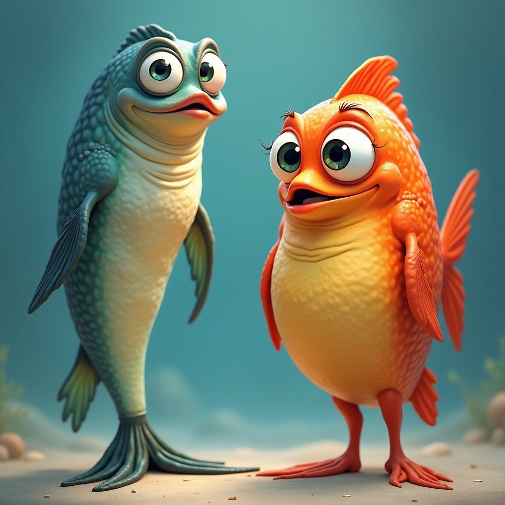 Two animated fish are styled with big eyes. One fish is skinny while the other is fat.