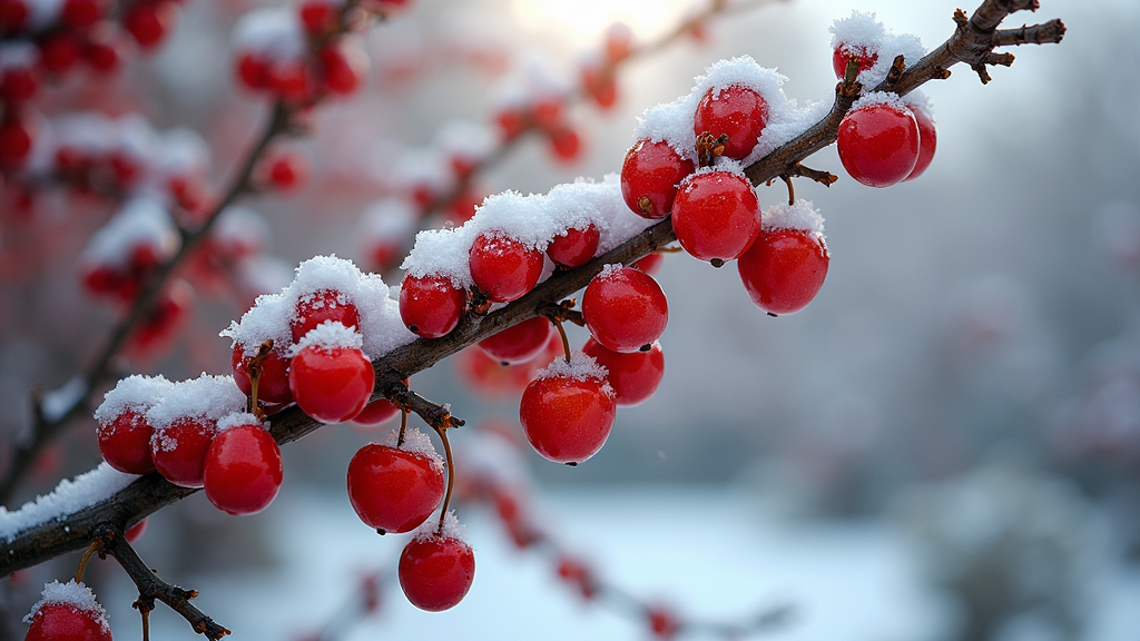 Bright red berries covered in soft snow on a tree branch in winter.