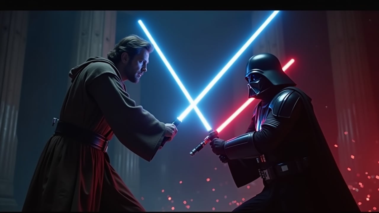 Dramatic close-up lightsaber duel between Jedi Master and Sith Lord in dark chamber. Chamber illuminated by glowing red and blue lightsabers. Jedi wielding blue saber with precision. Sith clad in black armor fiercely attacking. Sparks fly during saber clash with cinematic lighting.