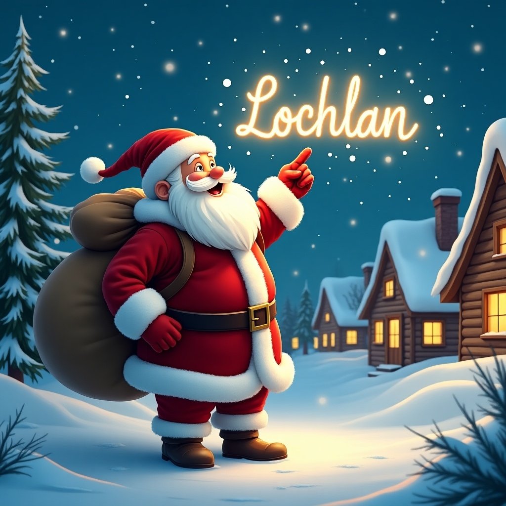 Santa Claus in red suit with a bag writes 'Lochlan' in the night sky. Winter village with snow covers ground and trees. Warm lights in houses create festive mood. Santa points upward with joy. Snowflakes drift around. Scene captures holiday spirit and nostalgia.