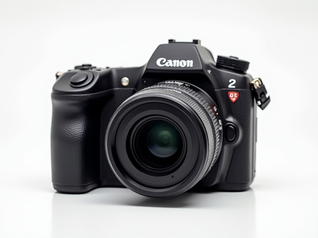 This image features a Canon camera, specifically a DSLR model, positioned front and center. The camera has a black body with silver accents, showcasing its sleek design. The lens is prominently displayed, indicating its potential for high-quality photography. The background is neutral, highlighting the camera without distractions. This image captures the essence of professional photography gear, appealing to enthusiasts and professionals alike.