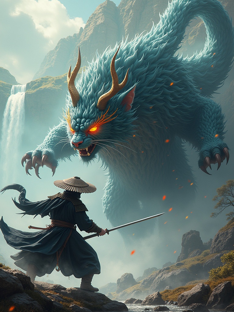 An epic battle takes place between a majestic Zouwu and a samurai. The Zouwu resembles a massive feline with multicolored fur and glowing patterns. The samurai wears a menacing mask and a wide-brimmed hat. The background features a high plateau and a cascading waterfall. The atmosphere blends realism with fantasy and emphasizes tension in the moment.