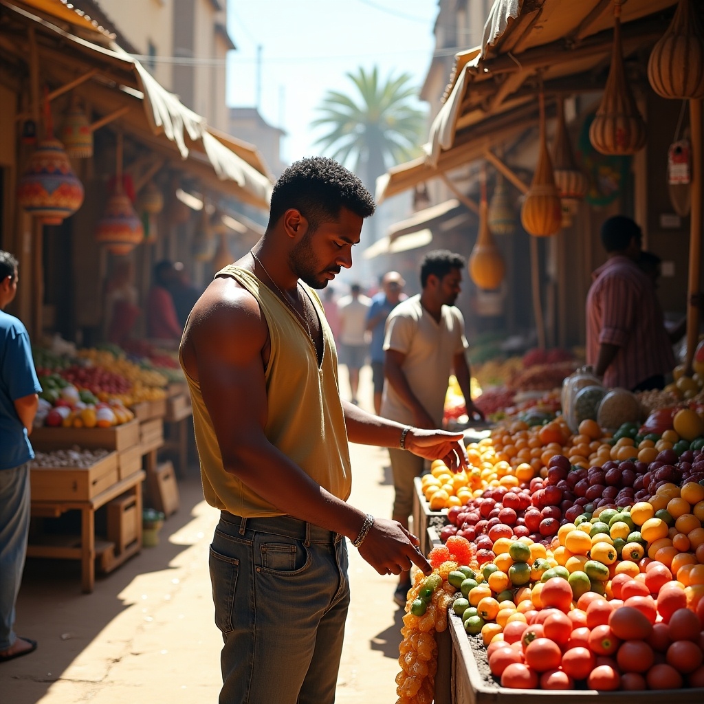 A vibrant street market scene. A man is selecting fruits from a colorful display. The market is bustling with activity, showcasing various fruit stalls. Brightly colored fruits like oranges, tomatoes, and peppers are prominently featured. The atmosphere is lively with people shopping and exchanging goods.