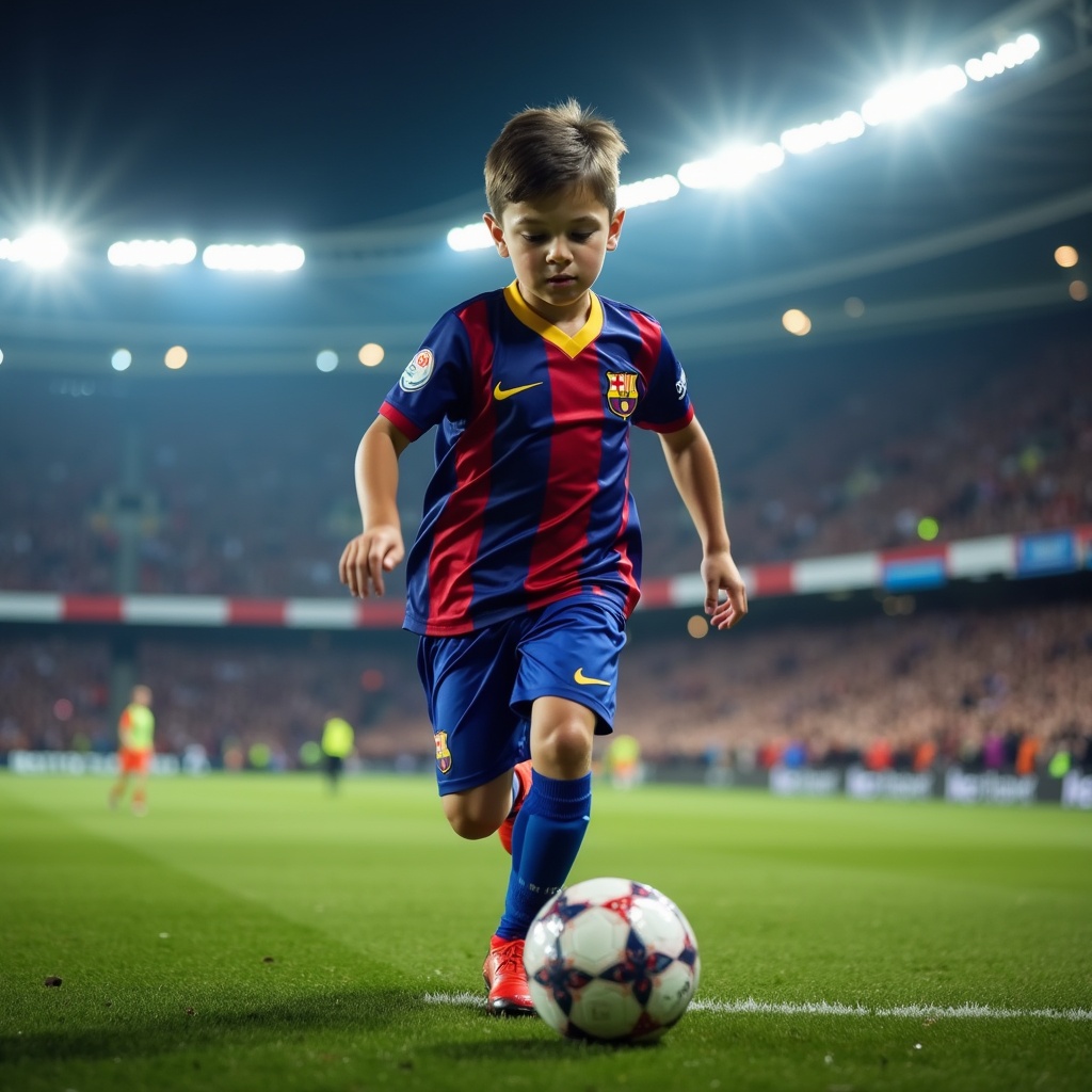 This image showcases a dynamic moment in a soccer match. A young athlete, wearing a red and blue team jersey, is dribbling a soccer ball with determination. The stadium is packed with fans cheering in the background, emphasizing the intensity of the game. Bright lights illuminate the field, adding to the excitement of the scene. The player's movement showcases skill and agility, making it a captivating soccer moment.