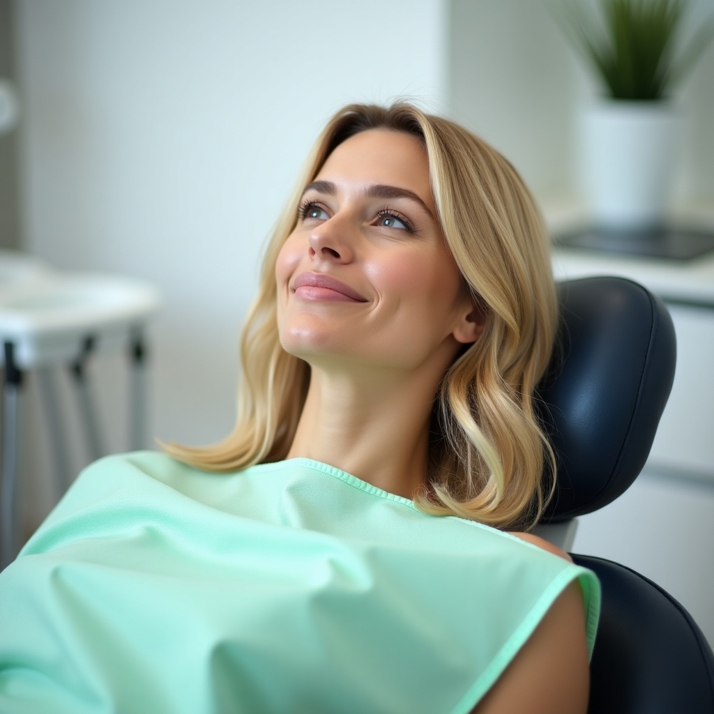 The image shows a woman with vibrant blonde hair lying in a modern dental chair. She appears calm and relaxed, wearing a light green dental bib. The setting is a clean, minimalist dental office with soft, clinical lighting. Her posture suggests comfort as she awaits dental treatment. The overall ambiance is serene, reflecting a contemporary healthcare environment.