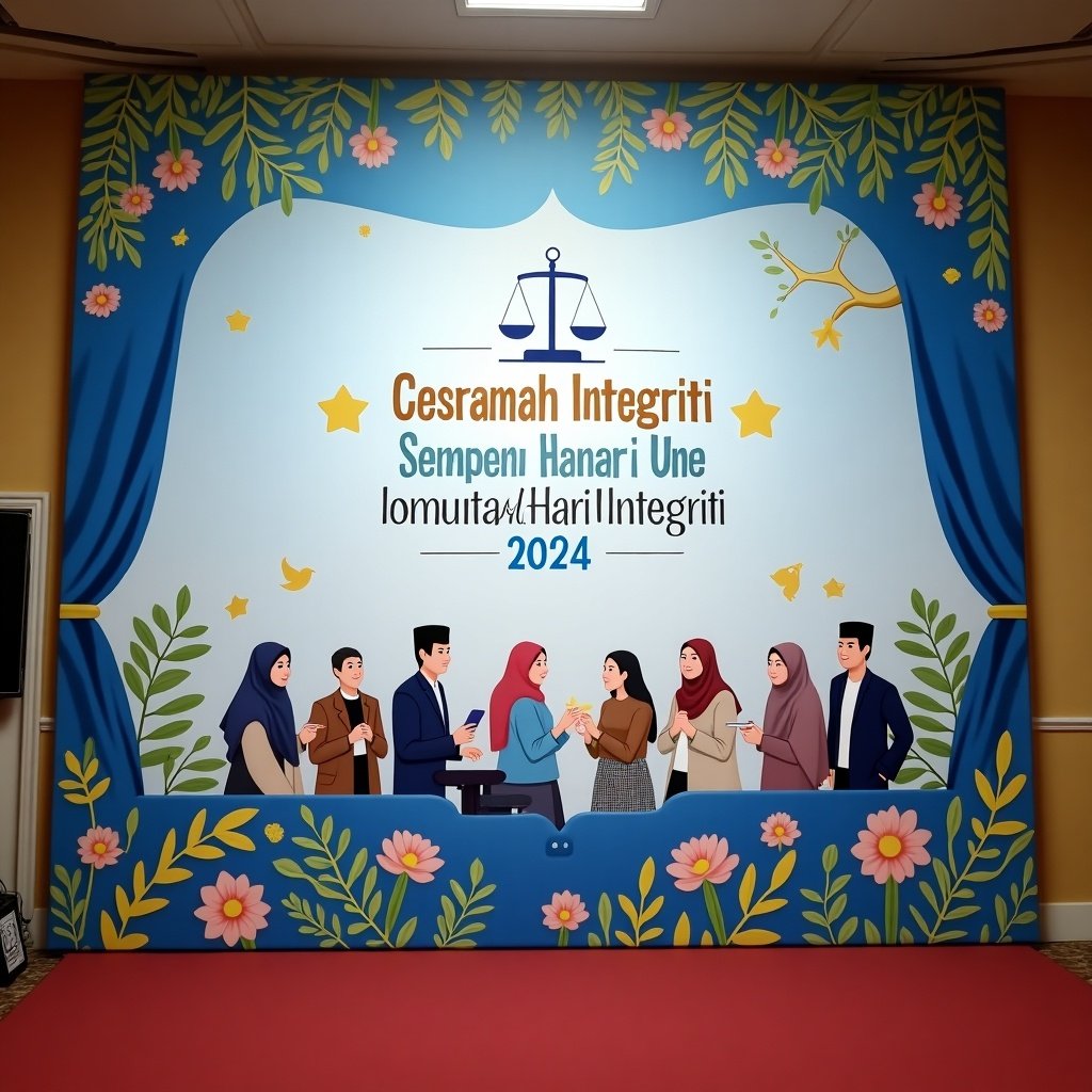 Backdrop design for Ceramah Integriti event celebrating Hari Integriti 2024. Features decorative elements like flowers and justice scales. Text is prominently displayed.