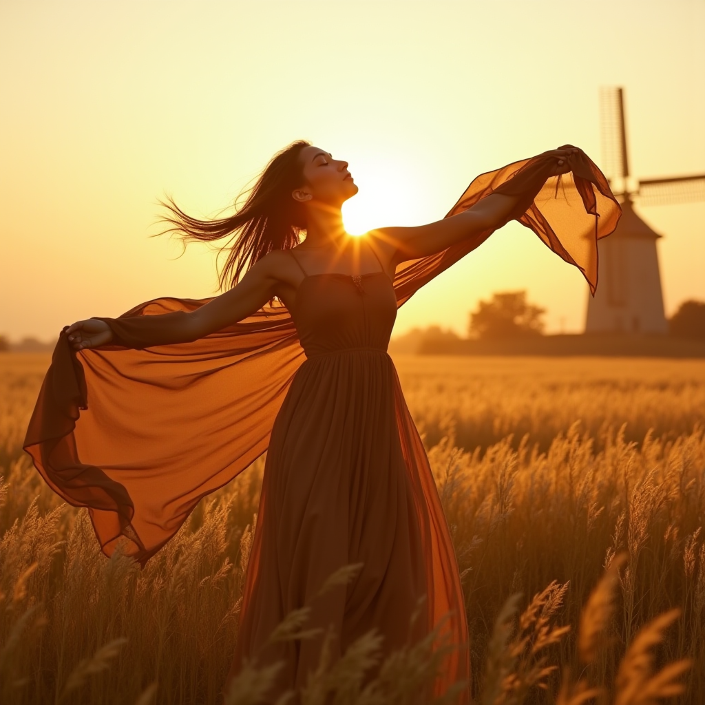 A woman in a flowing dress stands gracefully in a wheat field at sunset.