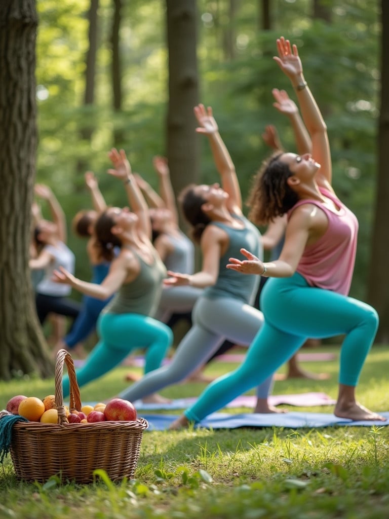 Group of individuals perform yoga poses surrounded by trees. Participants wear turquoise blue leggings. Picnic basket filled with fruits sits on the grass.