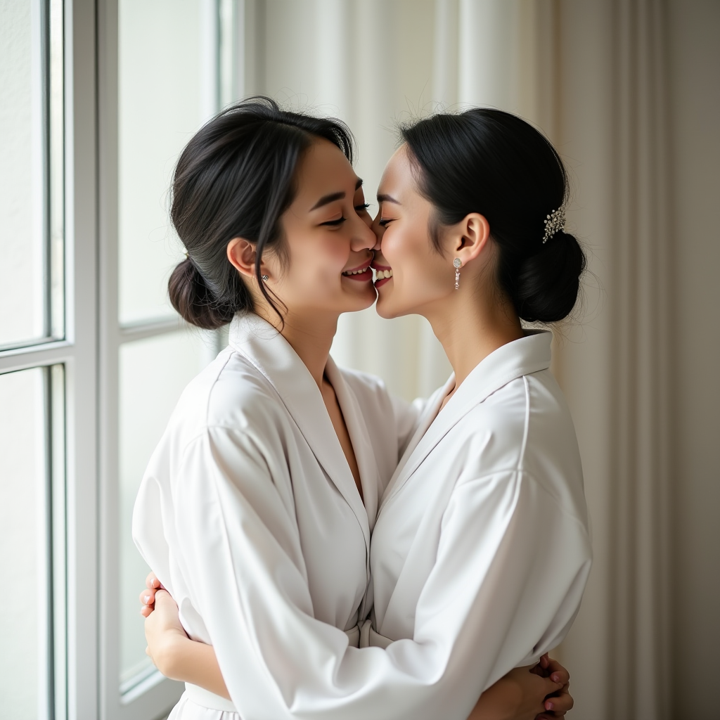 Two women in white robes are lovingly embracing and smiling near a window.