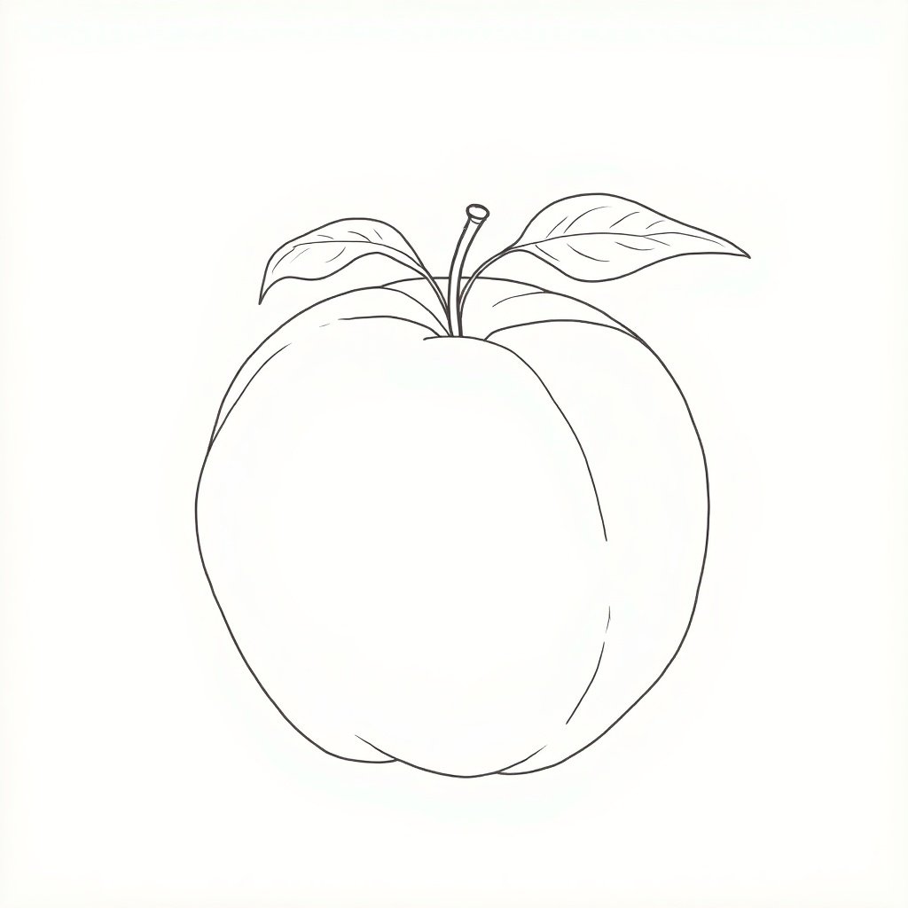 Peach illustrated in line art style. Minimal outline with no fill. Single fruit with two leaves and sketchy detail.