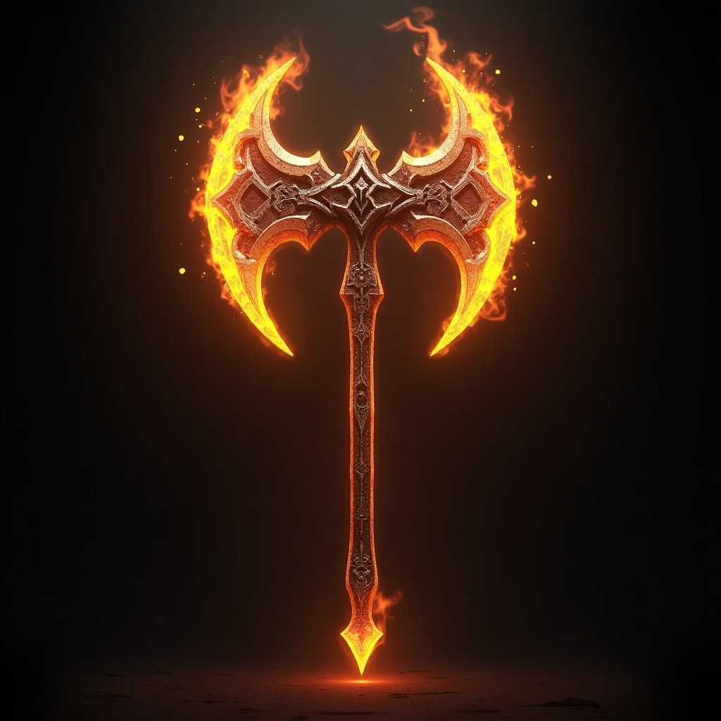 Legendary double bladed axe with flames. Elaborate design on the blade and handle. Bright fire effects. Dark background enhances contrast.