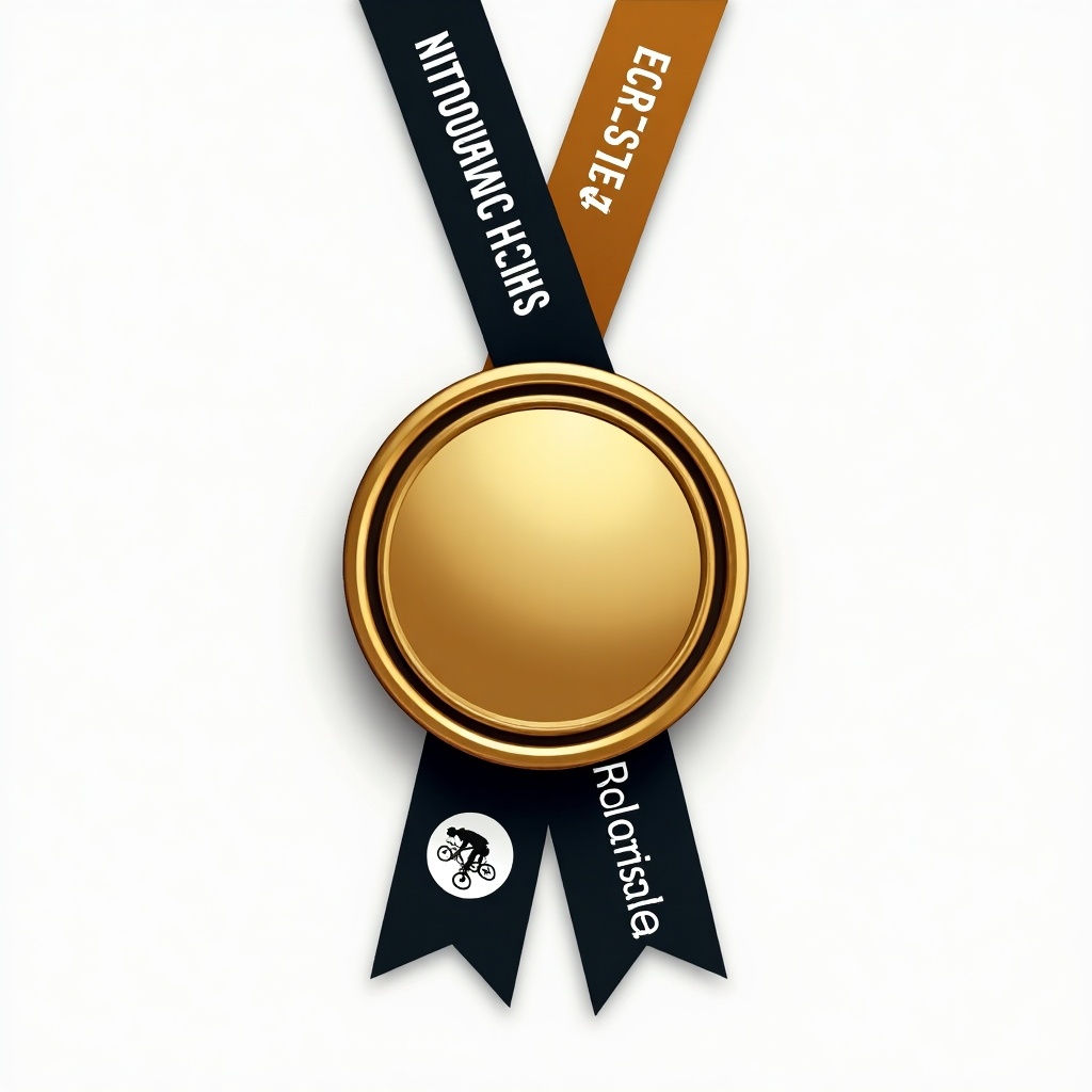 Image of a rectangular gold medal for a national cycling championship. Includes advertising space on the ribbons and a small upper space for a sponsor logo.