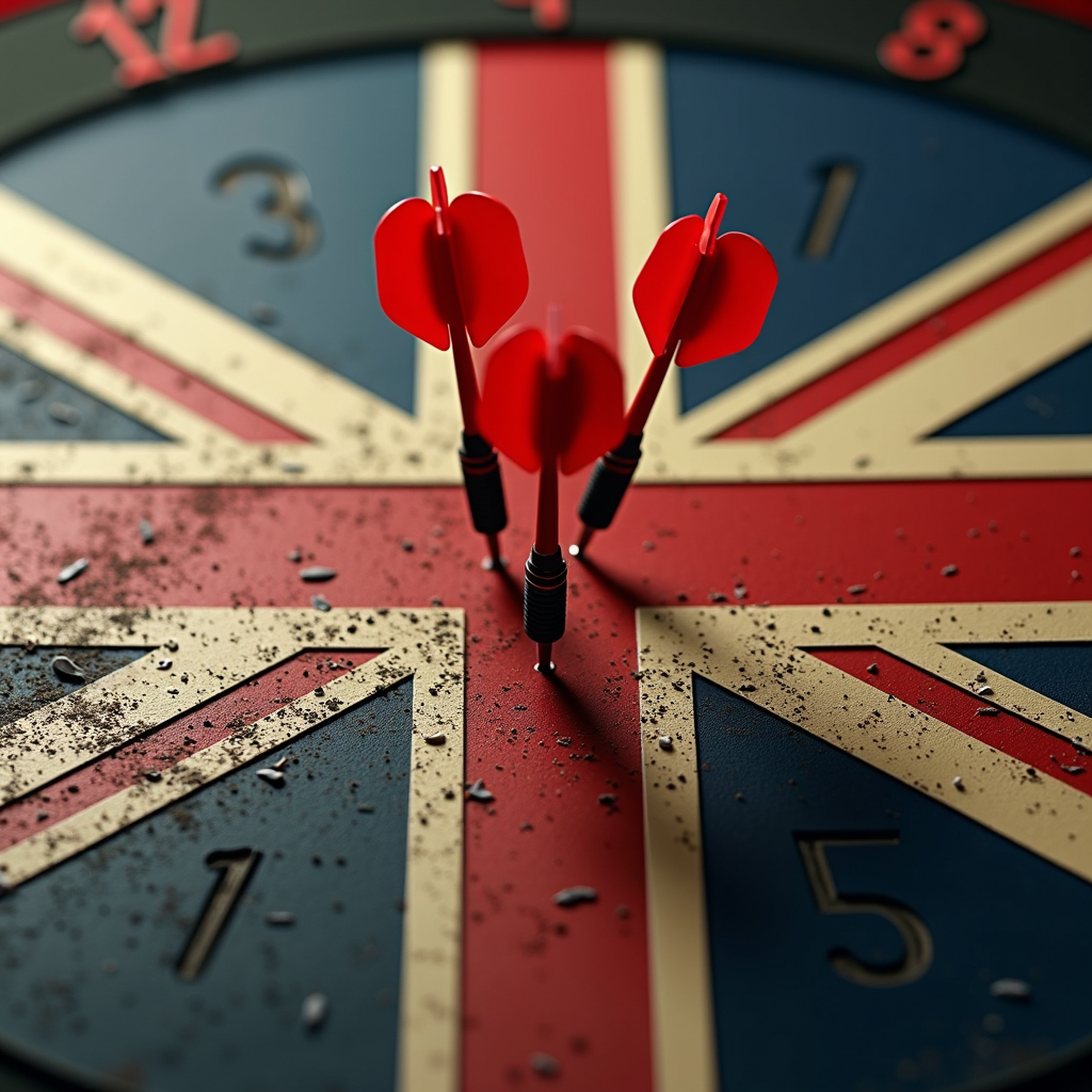 Three red darts are strikingly embedded in the center of a dartboard designed like the British flag, which is scattered with small fragments.