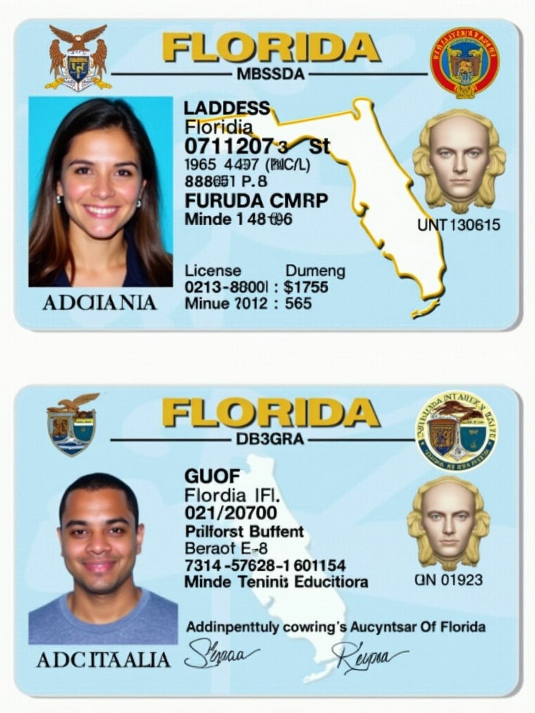 Image depicts Florida driver's license with personal details unique ID number and official state symbols. The predominant colors are light blue and gold. The design is typical of state-issued ID cards. Well-organized layout reveals essential identification information. Mimics authenticity of government-issued documents.