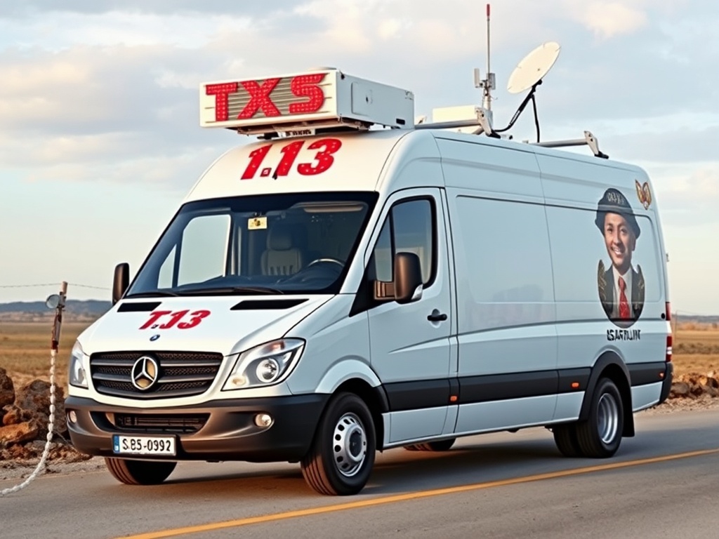 A news broadcast van equipped with satellite dishes is parked on a rural road.