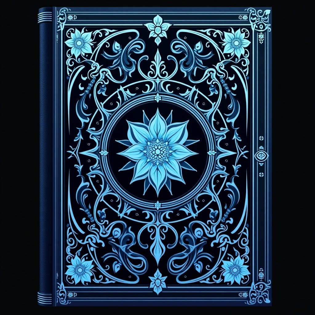 Cover design for a grimoire inspired by anime. Centered on musical magic. Various shades of blue used throughout. Features detailed ornate decorations.