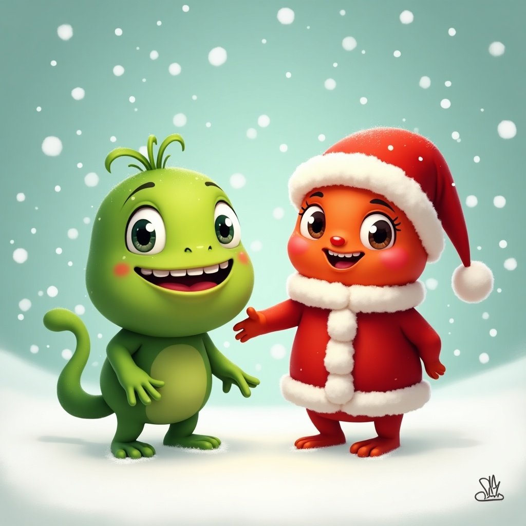 Cartoon characters named by Ceylon displayed in a playful holiday setting. A green creature with mischievous expression and a festive red character in a Santa outfit. Snowflakes fall around them creating a joyful scene.