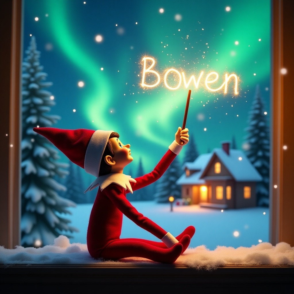 An elf on the shelf sits with its back to the viewer. It gazes skyward. It holds a glowing wand that emits sparkling light. The background shows a charming Christmas scene with northern lights. In the distance, a cozy house is visible, decorated for the holidays. Snow covers the ground, adding to the winter atmosphere. The elf embodies the spirit of magic and wonder. The name ‘Bowen’ is written in the air.