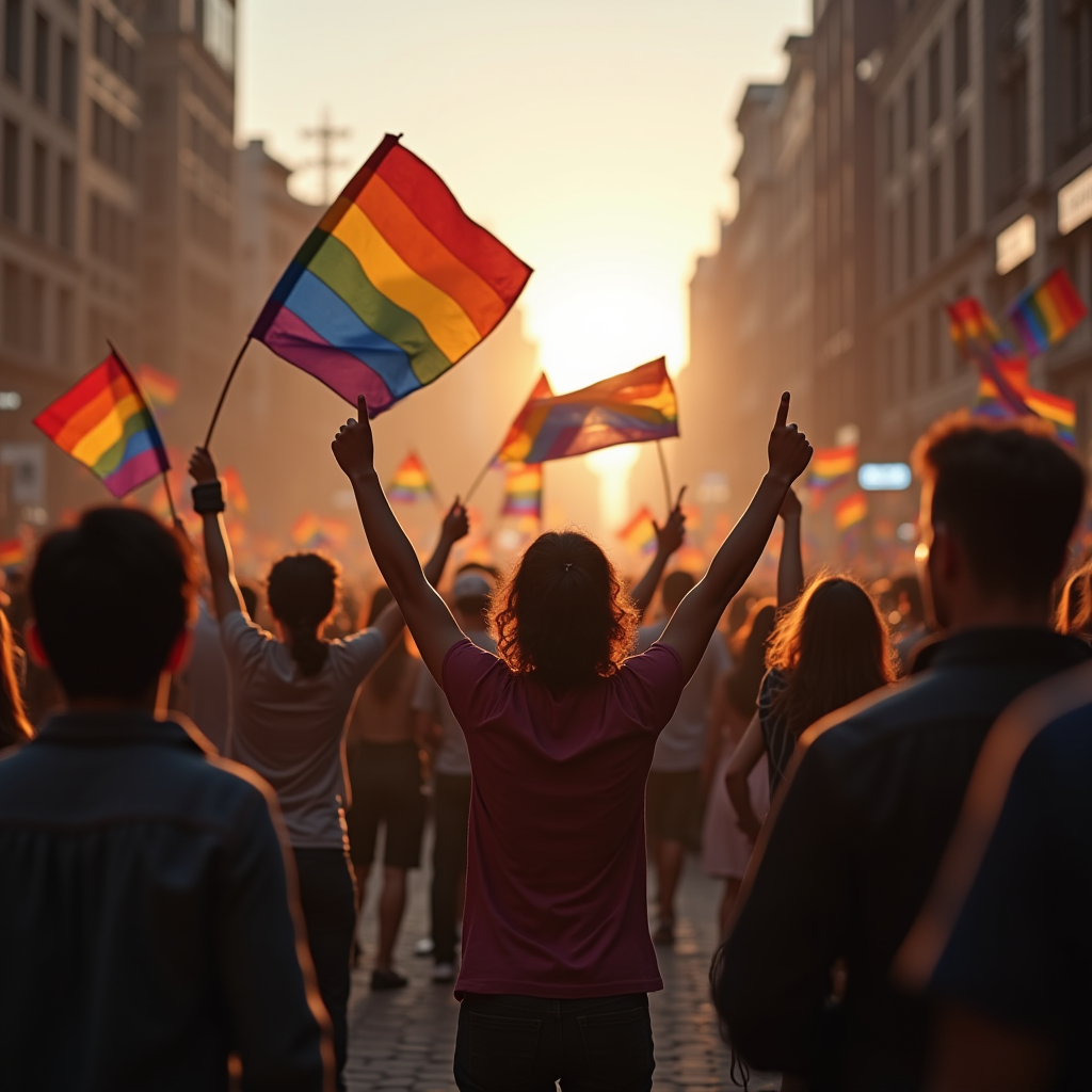 People march with rainbow flags at sunset during a pride parade in a city street.