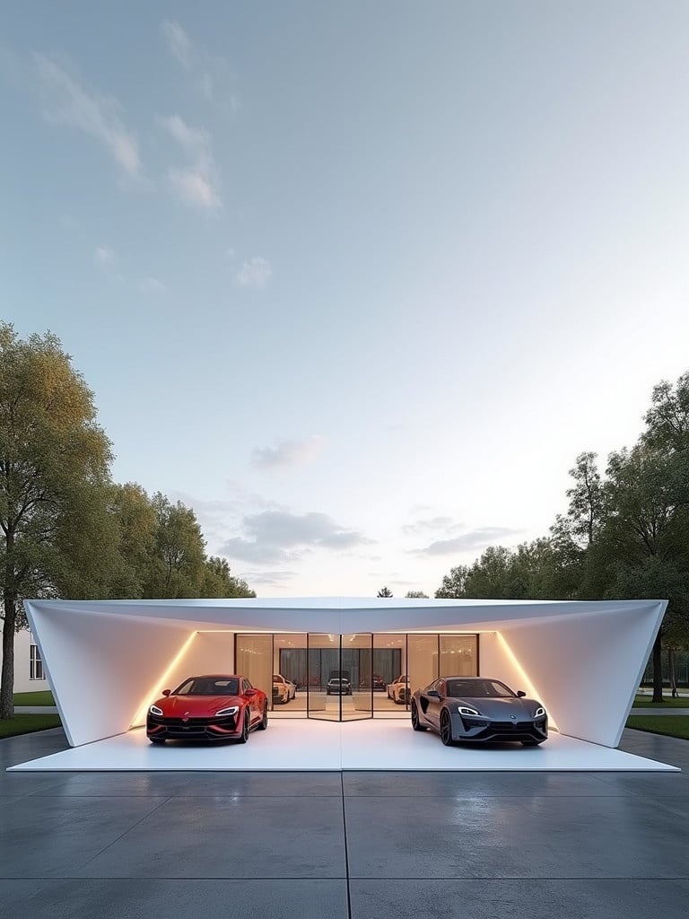 A futuristic pavilion for Cupra Cars. It is 18 meters long and 6.5 meters tall. Located in Munich Residency Palace courtyard. The design is sleek and modern with triangular translucent slats. The pavilion has two sections and features two Cupra cars. The setting is elegant with white light and gray cement floor.