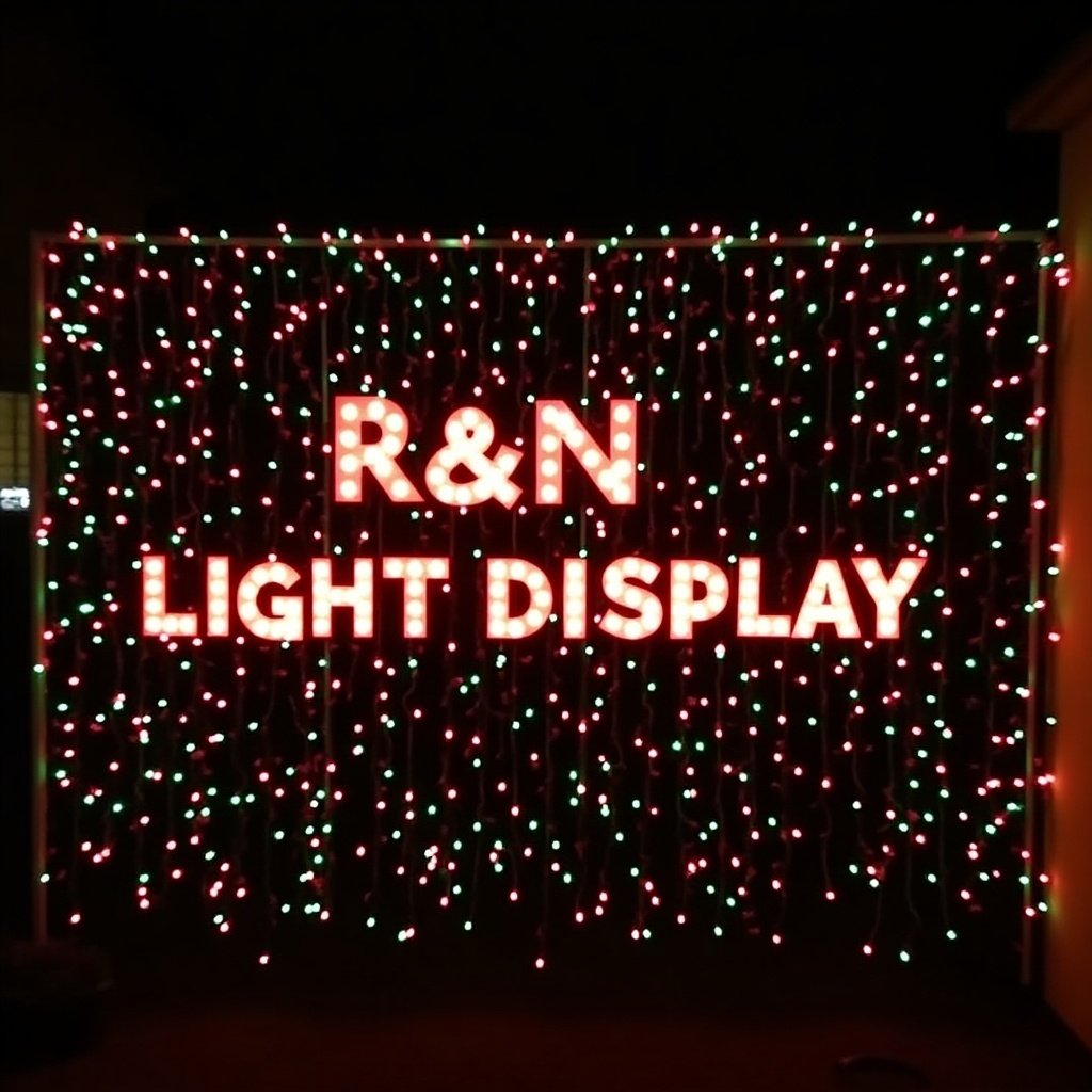 Christmas light show features vibrant red and green lights. Illuminated words 'R&N LIGHT DISPLAY' are prominently displayed in the center of the show.