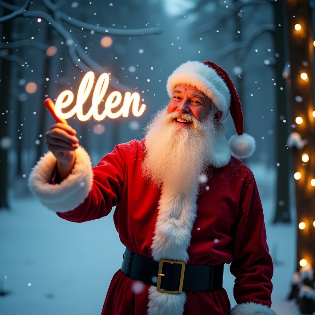 Santa Claus in a snowy forest during Christmas. Writing the name 'ellen' with a glow stick. Soft snowflakes falling. Warm lights decorate nearby trees. Traditional red coat with white fur trim. Joyful expression radiates holiday cheer.