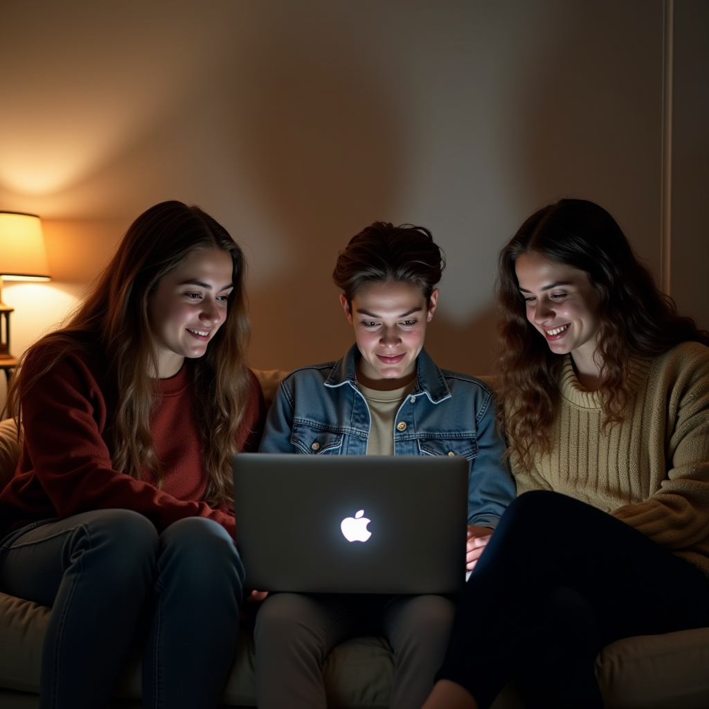 The image shows three young people sitting on a couch, illuminated by the soft glow of a laptop screen. They are in a dimly lit room with only a nearby lamp providing additional light. All three appear engaged and happy, possibly watching something entertaining or having a video call. They are dressed casually, with one wearing a denim jacket and the others in sweaters. The atmosphere is cozy and relaxed, suggesting a friendly and intimate setting.